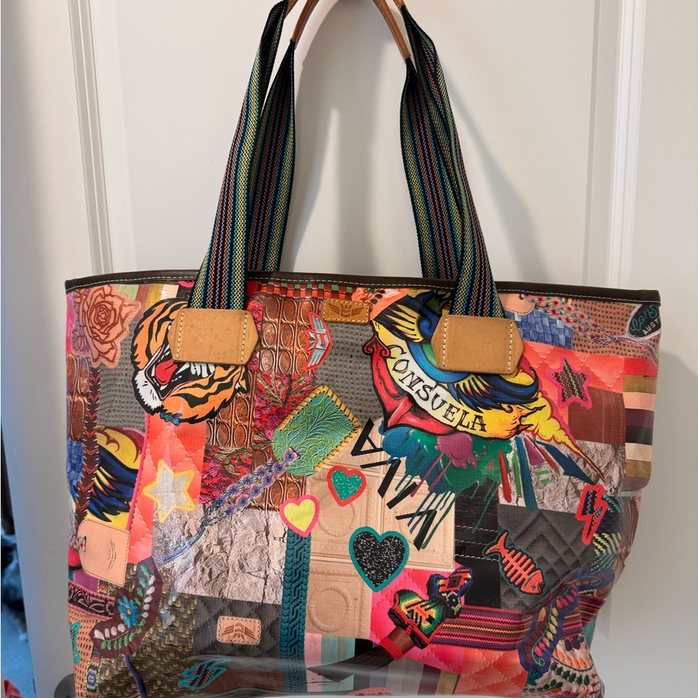 Consuela Multicolor Patchwork Tote with Striped H… - image 1